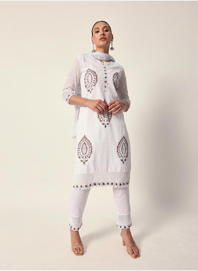 ISHIN Women's White Cotton Textured Tunic Full Palazzo Regular Fit Kurta Set  - Image 1