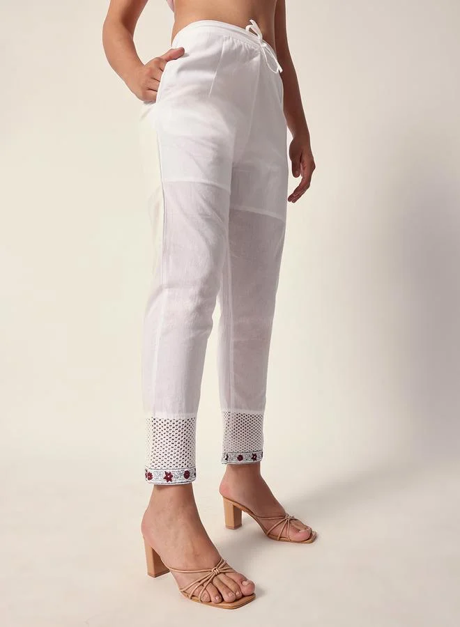 ISHIN Women's White Cotton Textured Tunic Full Palazzo Regular Fit Kurta Set