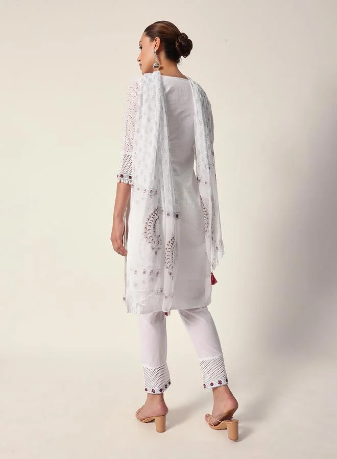 ISHIN Women's White Cotton Textured Tunic Full Palazzo Regular Fit Kurta Set