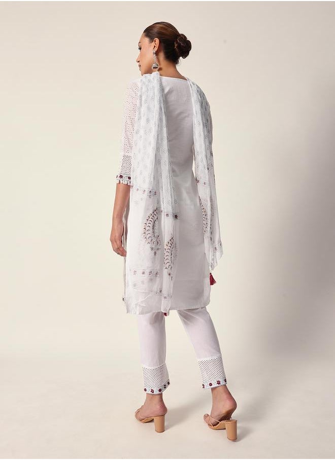 ISHIN Women's White Cotton Textured Tunic Full Palazzo Regular Fit Kurta Set  - Image 5