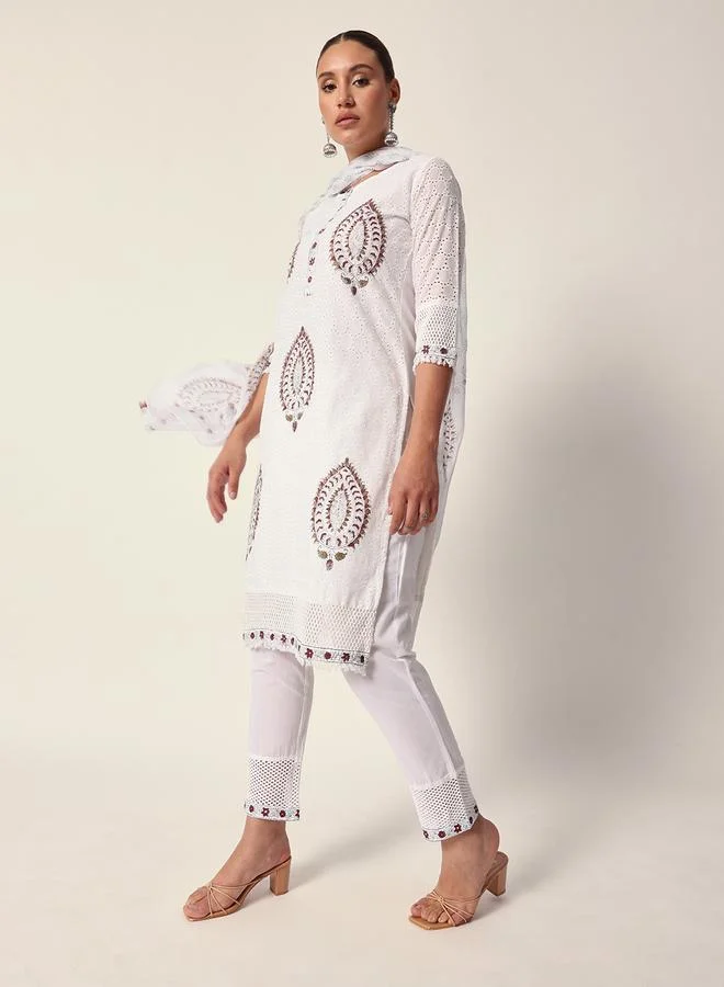 ISHIN Women's White Cotton Textured Tunic Full Palazzo Regular Fit Kurta Set