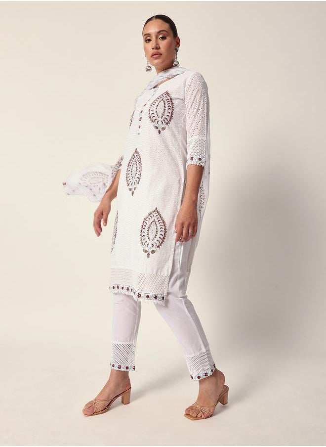 ISHIN Women's White Cotton Textured Tunic Full Palazzo Regular Fit Kurta Set  - Image 3