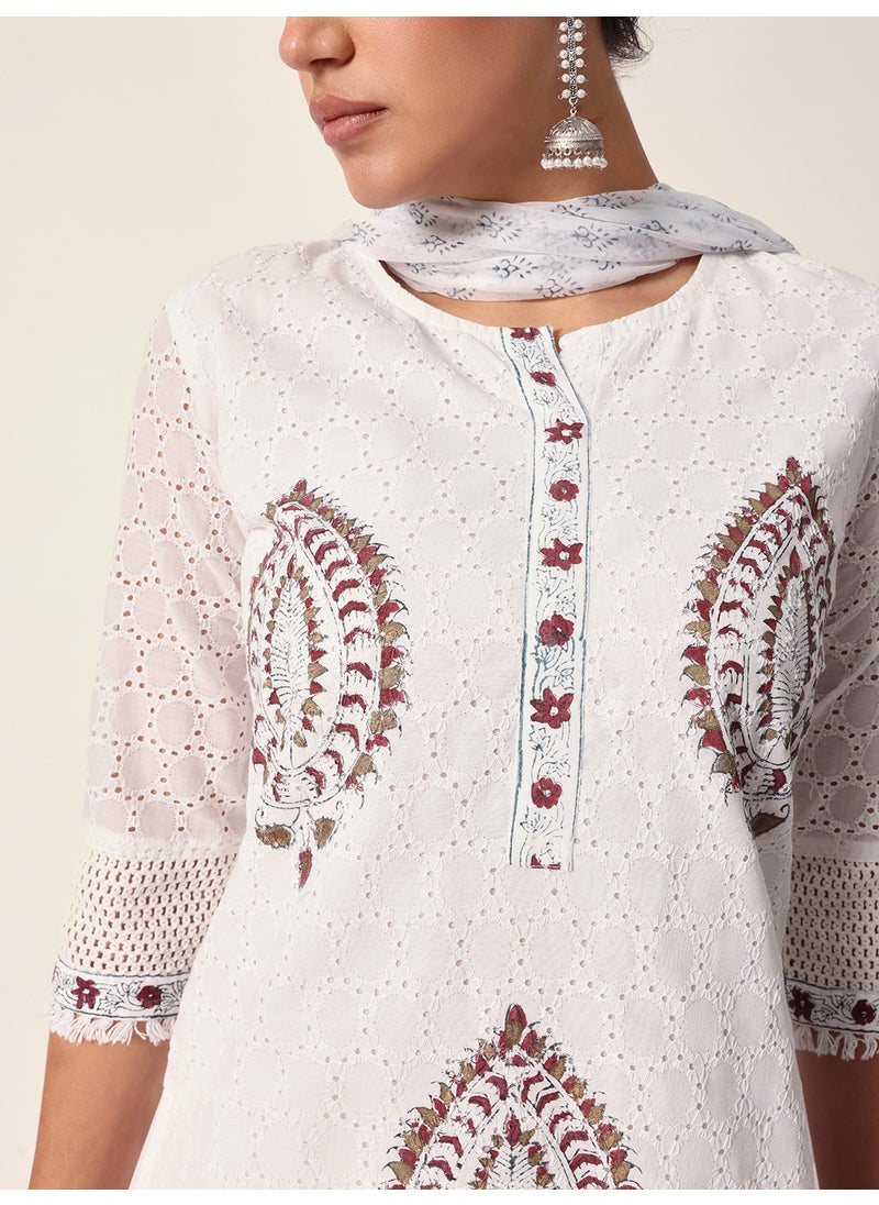 ISHIN Women's White Cotton Textured Tunic Full Palazzo Regular Fit Kurta Set  - Image 2