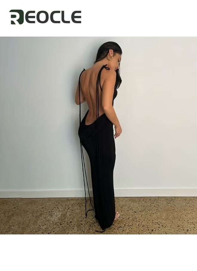 REOCLE Women's Slip Long Dress Sleeveless Backless Bodycon Maxi Dresses Casual Lounge Summer Slim Elegant Dress Cocktail Party Midi Dresses - Image 3
