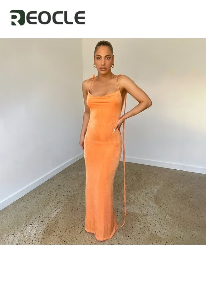 REOCLE Women's Slip Long Dress Sleeveless Backless Bodycon Maxi Dresses Casual Lounge Summer Slim Elegant Dress Cocktail Party Midi Dresses - Image 4