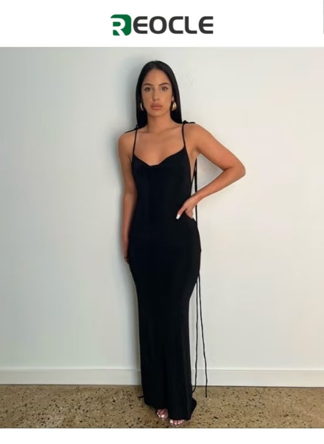 REOCLE Women's Slip Long Dress Sleeveless Backless Bodycon Maxi Dresses Casual Lounge Summer Slim Elegant Dress Cocktail Party Midi Dresses - Image 1