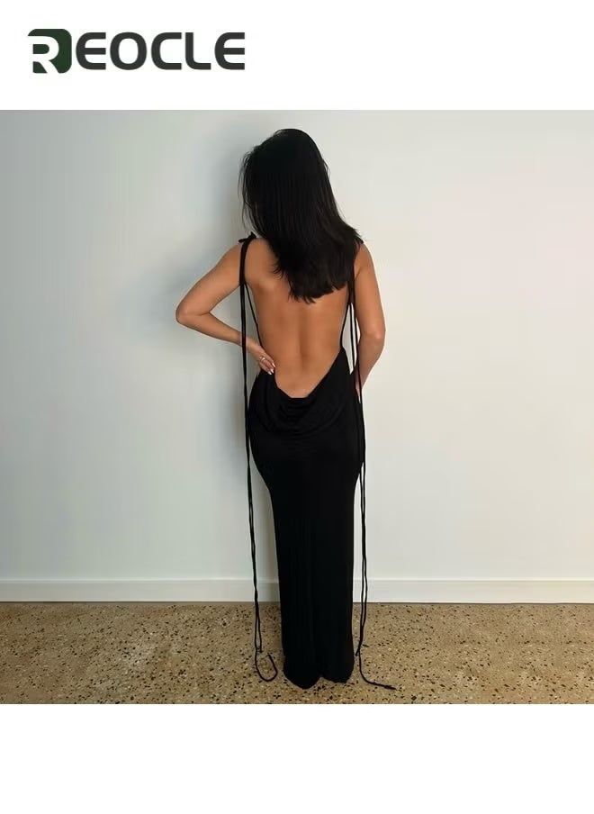REOCLE Women's Slip Long Dress Sleeveless Backless Bodycon Maxi Dresses Casual Lounge Summer Slim Elegant Dress Cocktail Party Midi Dresses - Image 2