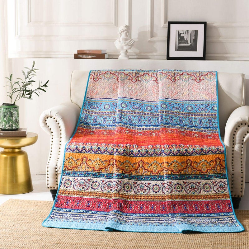 Qucover Single Bedspread Quilted Lightweight Soft Bohemian Quilted Throw Blanket 150 x 200 cm Vibrant Red Blue Boho Throw