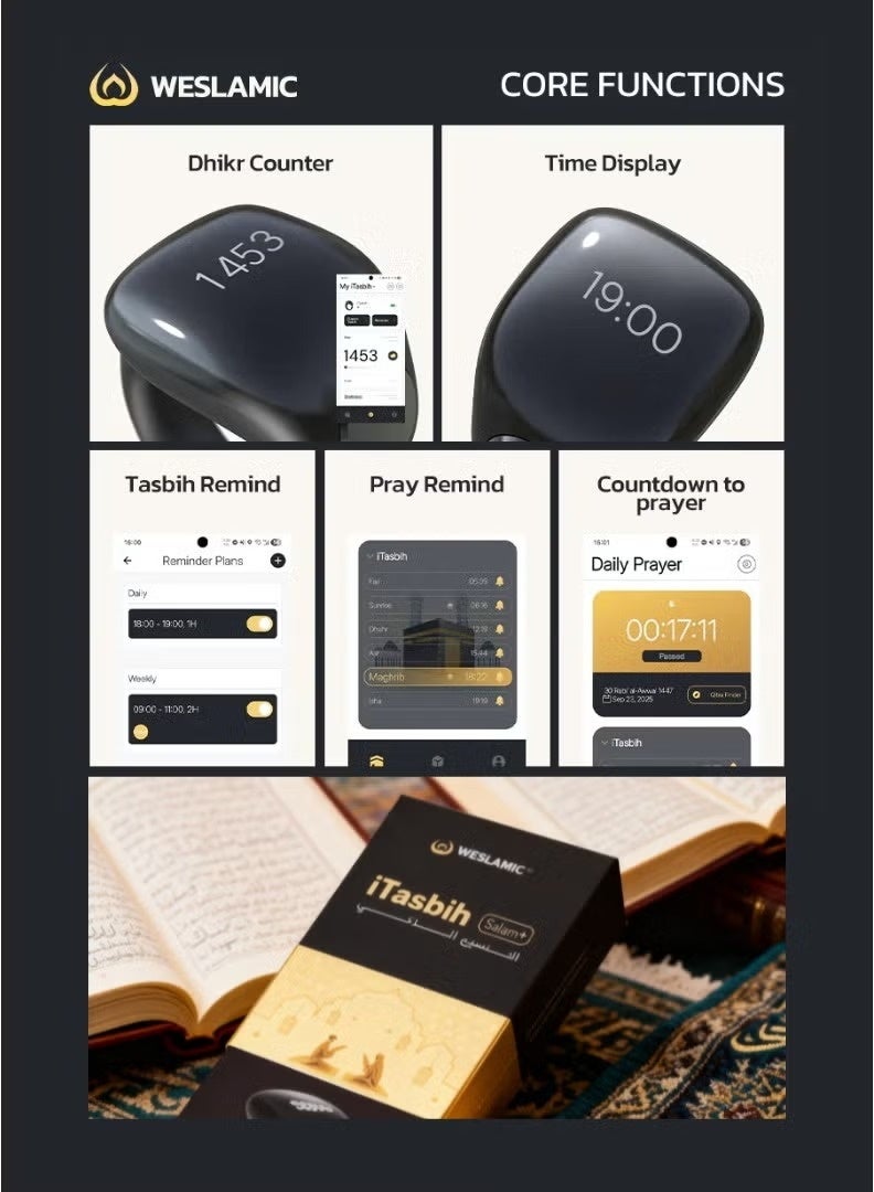 WESLAMIC iTasbih Smart Electronic Tasbeeh Ring Designed to Meet Muslims' Needs for Tasbeeh Reminders and Prayer Times Waterproof and Dust Resistant with OLED Screen with 5 Sizes (16/18/20/22/24) - Image 5