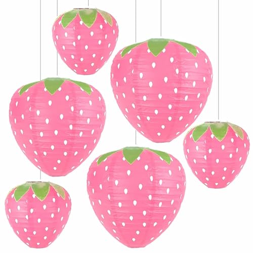 JIEFULL Strawberry Paper Lanterns 8 12 Large Strawberry Hanging Lantern Strawberry Hanging Decorations for Fruit Theme Birthday Party Decor6 Pcs Pink - Image 1