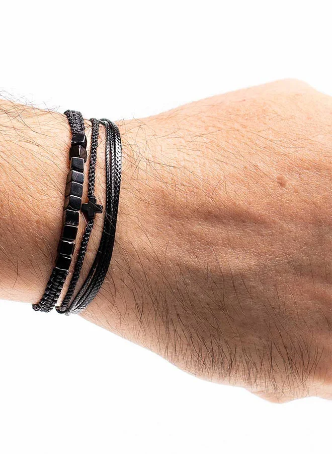 CHRYSOSTOMOS Handmade Adjustable Beaded Multi-Line Bracelet with Black Squared Glossy Hematite, Braided Macrame, Black Cord and Black Hematite Cross