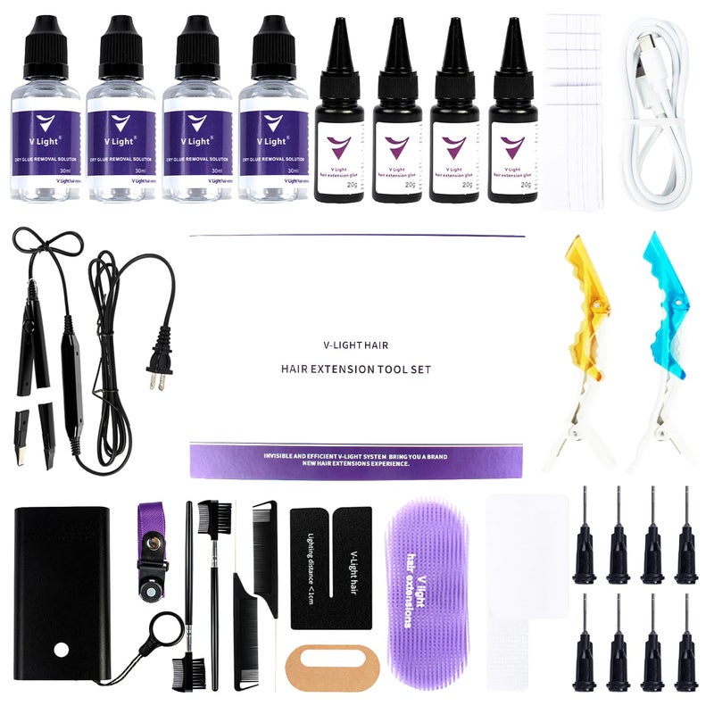 V Light Hair Extensions Kit UV Light Extensions V Light Hair Glue4 V Light Hair Extensions glue romover4 v light hair comb2 hair extensions clip2
