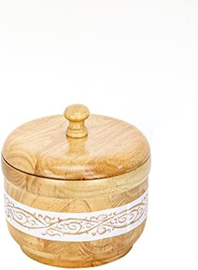 AKDC Wooden Bowl With Lid In Light Brown Color With White Texture Hot Pot Food Dish Bowls Serving Dishes Storage Containers, Casserole Box Chapatti Hotpot Dining Kitchen Tableware (S - 18 Cm) - Image 1