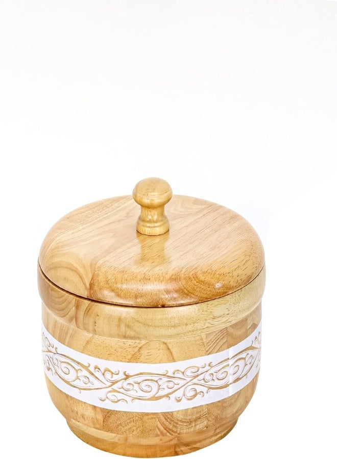 AKDC Wooden Bowl With Lid In Light Brown Color With White Texture Hot Pot Food Dish Bowls Serving Dishes Storage Containers, Casserole Box Chapatti Hotpot Dining Kitchen Tableware (S - 18 Cm) - Image 2