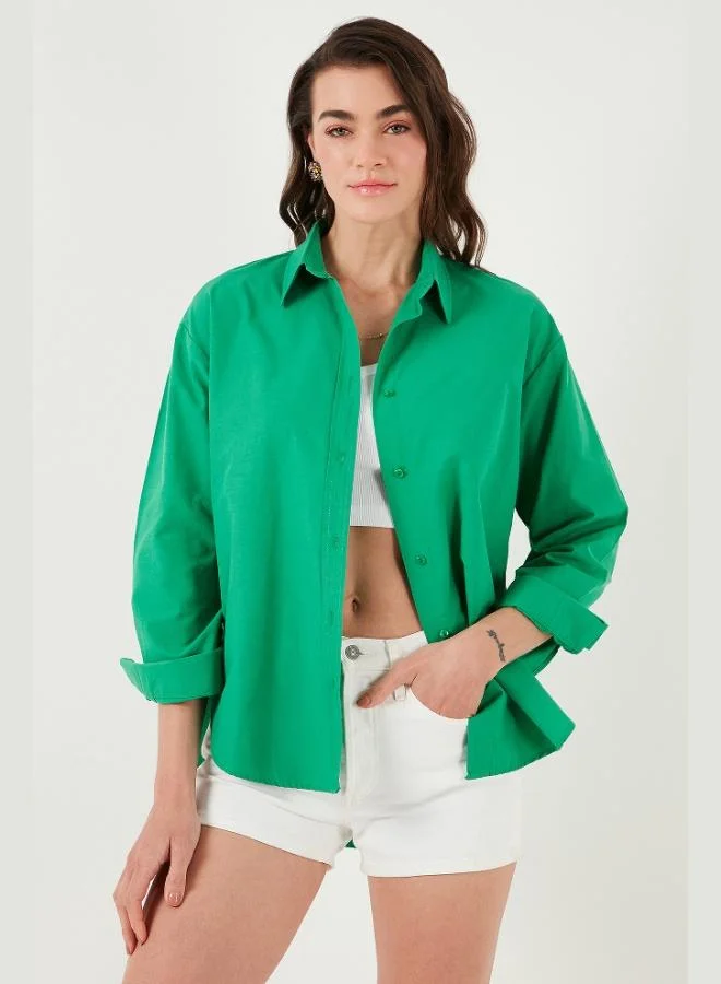 ليلا قميص نسائي بياقة بيضاوية وقصة أمامية قصيرة وخلفية طويلة من قطن ليلا