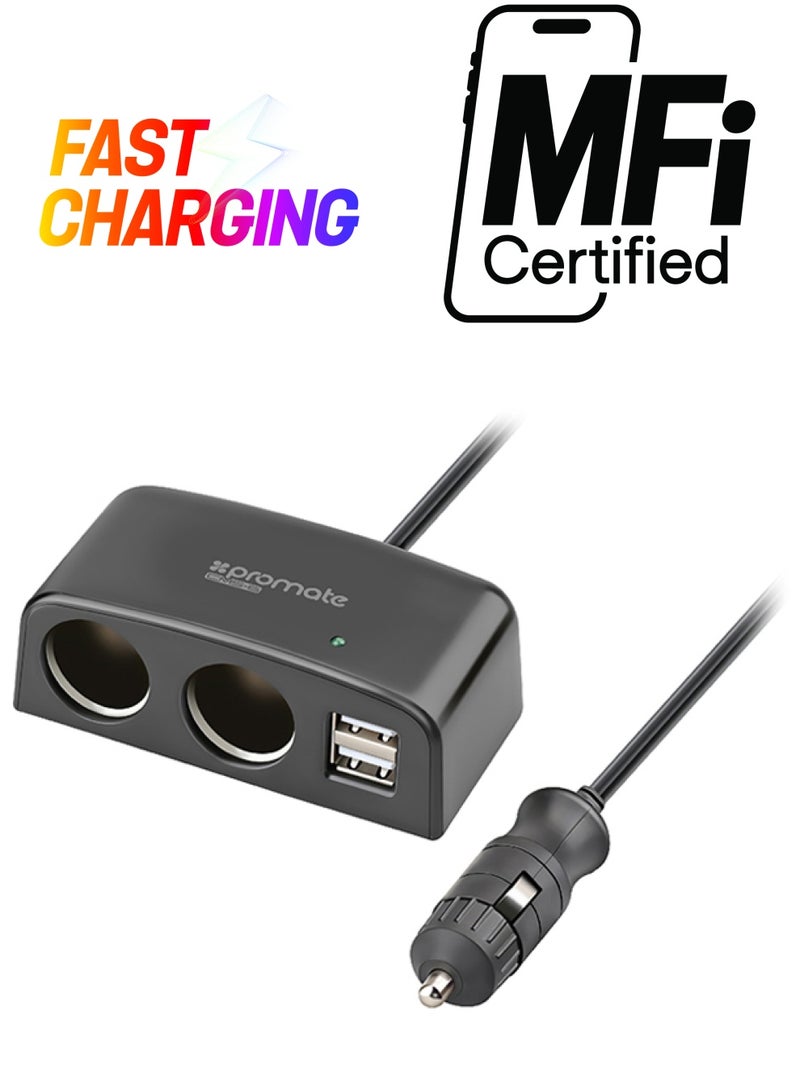 PROMATE 2 Way 12V Car Charger Lighter Socket Splitter Plug With Dual USB Port And Auto-Voltage Regulator For GPS/Smartphones/Tablets Black - Image 1