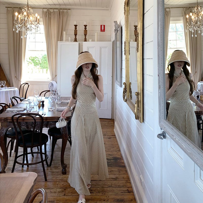 Elegant Cowl Neck Striped Dress for Women Summer Vacation - Image 1