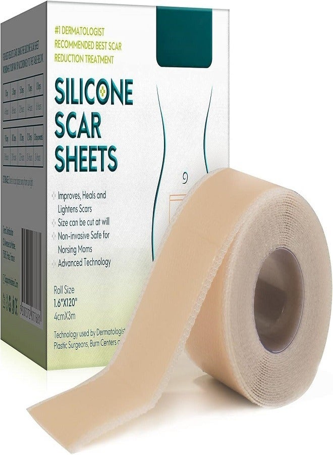 SILICONE ALLEY Silicone Scar Sheets (1.6” x 120”Roll-3M), Silicone Scar Tape Roll, Scar Silicone Strips, Reusable, Professional Scar Removal Sheets for C-Section, Surgery, Burn, Keloid, Acne et