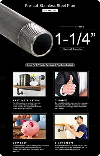 SUPPLYGIANT Supply Giant 1-1/4 Inch Galvanized Pipe, One And Quarter Inch Malleable Steel Pipes Fitting Build DIY Vintage Furniture, 1-1/4" x 24" (Pack Of 5) - Image 2