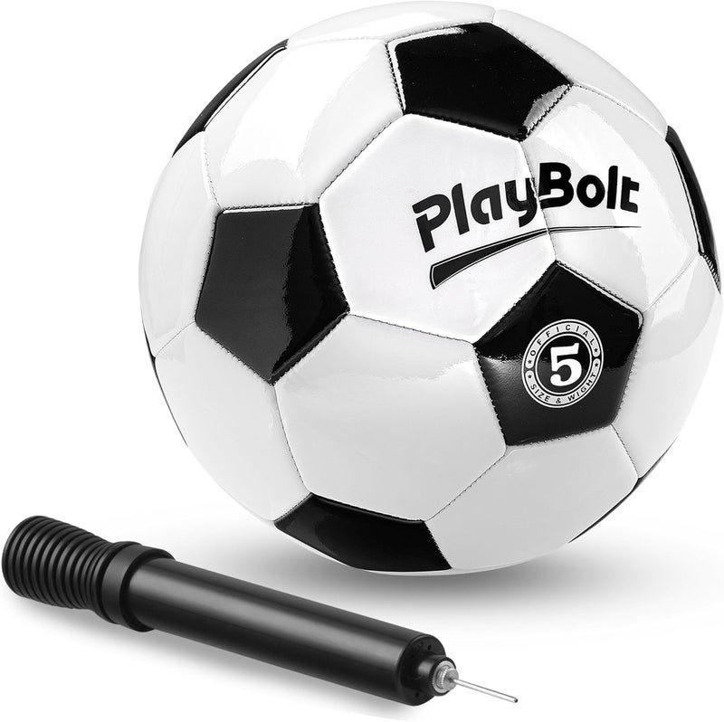 PlayBolt Soccer Ball Size 5 with Pump - Black & White Training Practice & Match Ball for Kids, Youth and Adults (Pack of 1) - Image 1