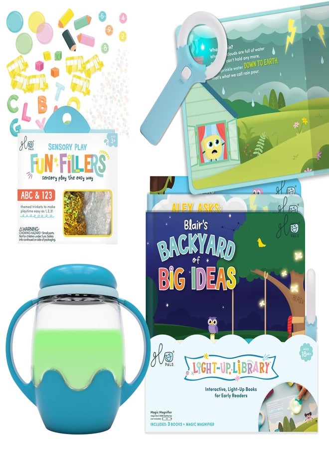 Glo Pals Bedtime Bundle Blue - Mini Sensory Jar with ABC/123 Fun Fillers & Light Up Library 3 Pack - Interactive Reading Books for Kids with 1 Magic Magnifier - Sensory Toys for Kids - Image 1