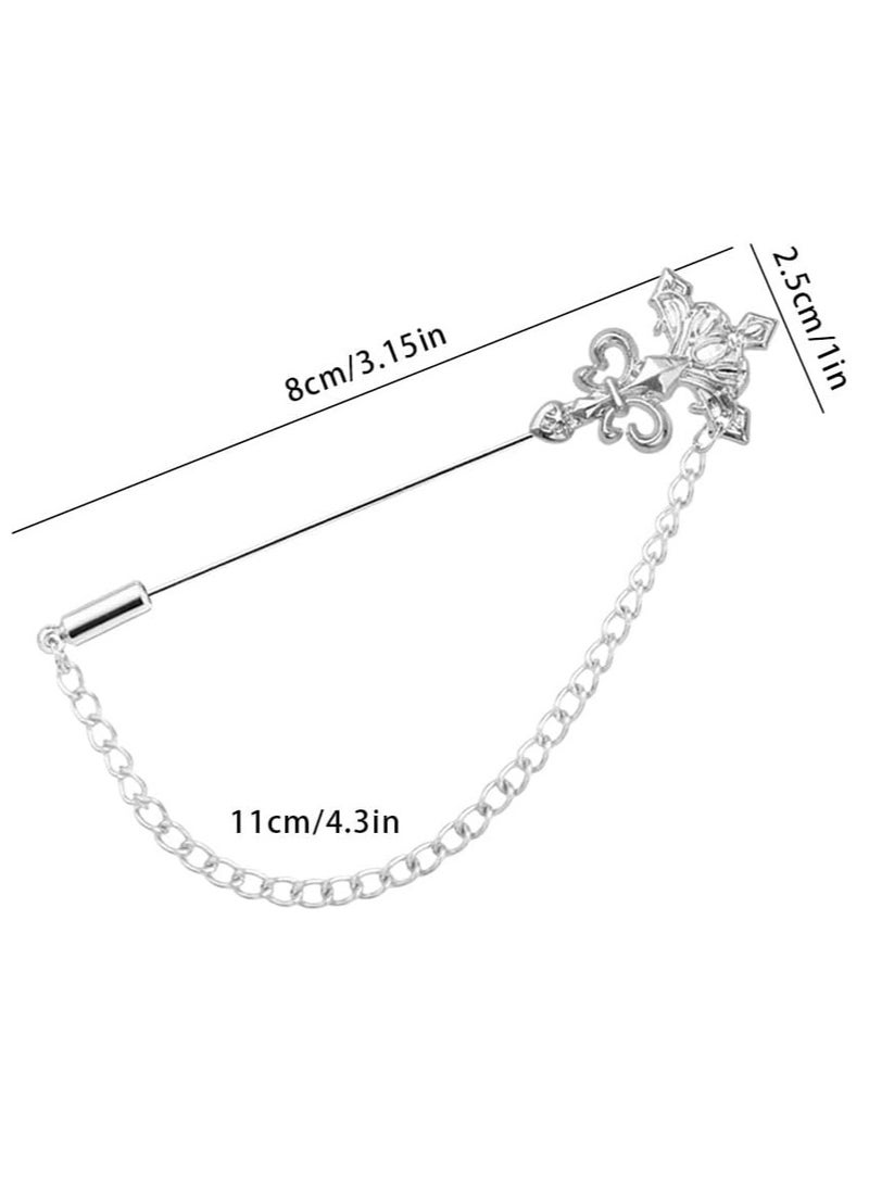 Oasisgalore 3-Piece Men's Silver Crown & Cross Brooch Set with Chains for Suits, Tuxedos, Ideal for Gifts - Image 2