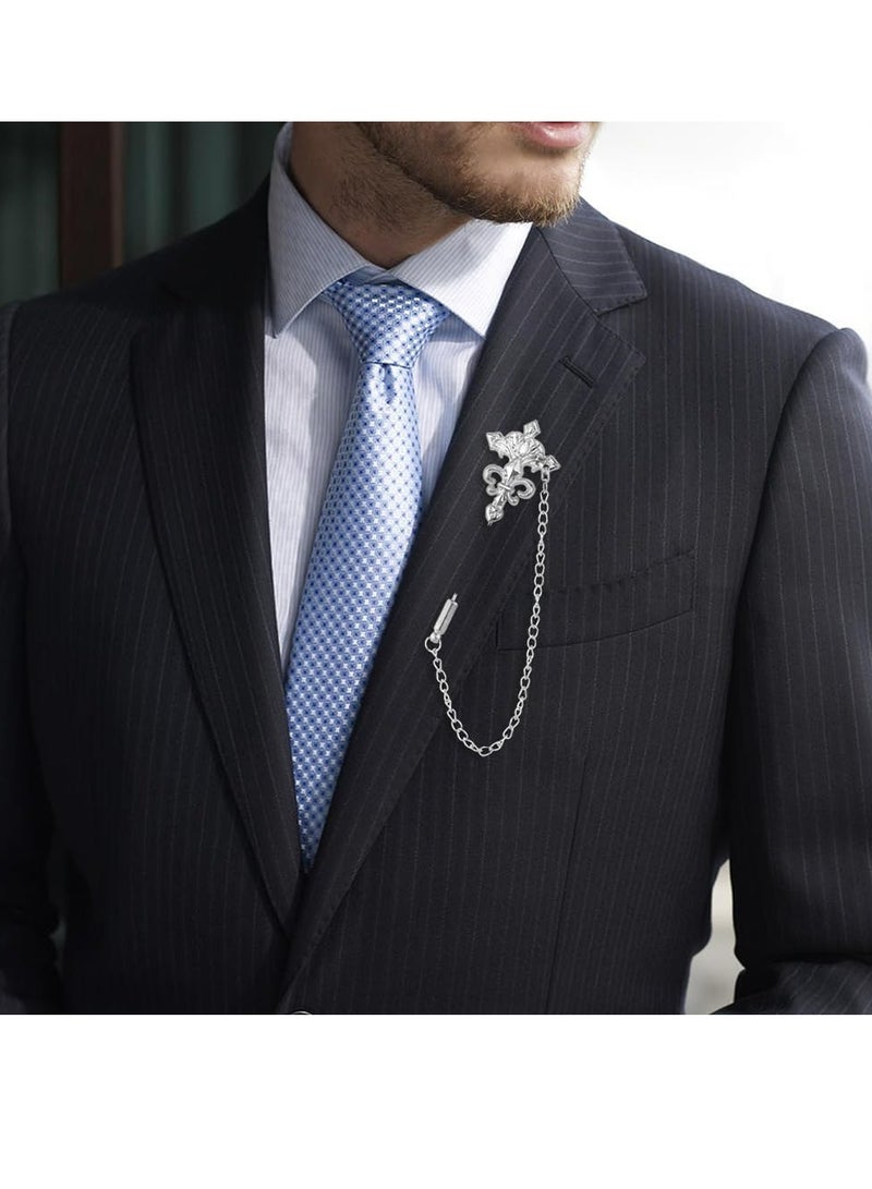 Oasisgalore 3-Piece Men's Silver Crown & Cross Brooch Set with Chains for Suits, Tuxedos, Ideal for Gifts - Image 5