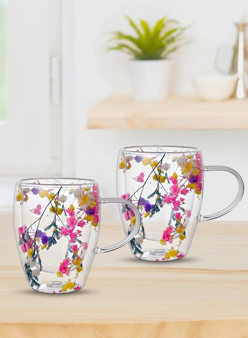 1Chase Double Wall Glass Mugs – Set of 2 | 350ML Heat-Resistant Cups with Real Dried Flowers Inside | Elegant Tea & Coffee Cups