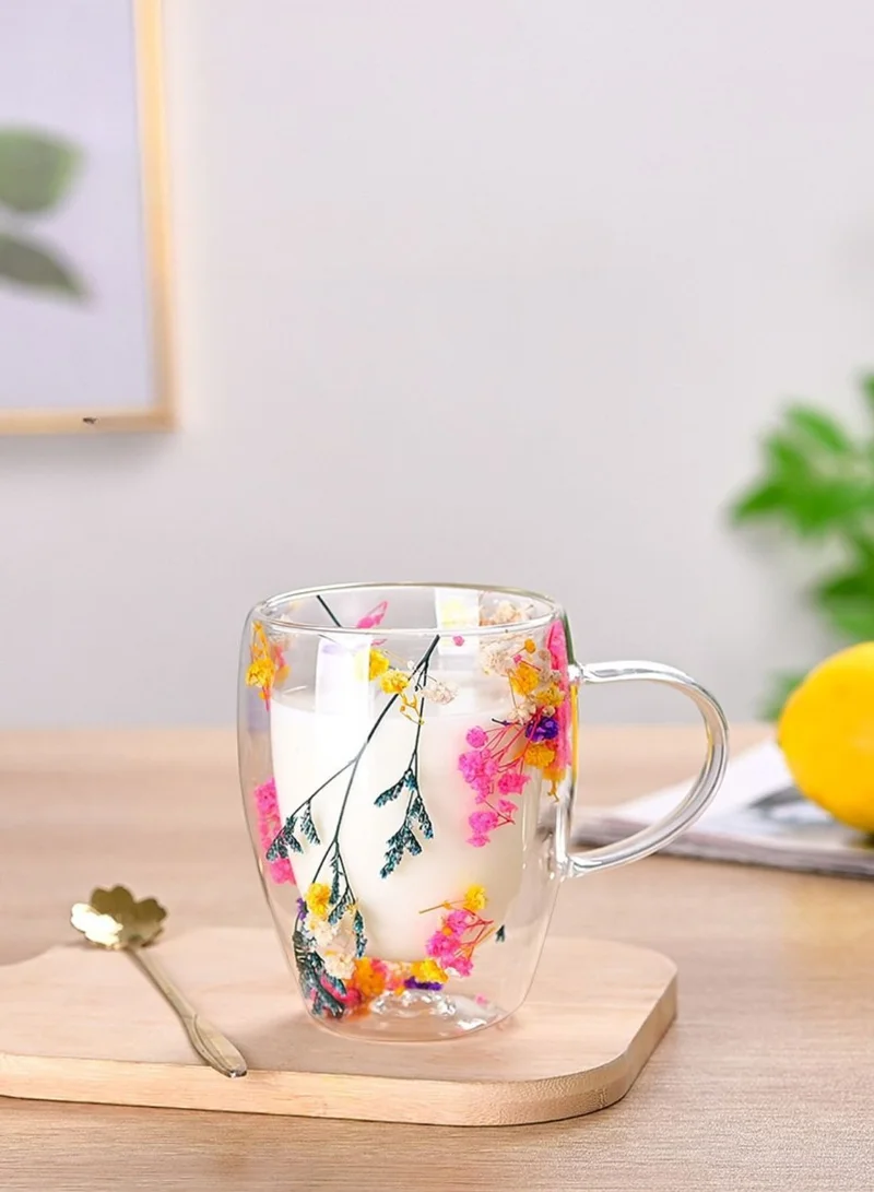 1Chase Double Wall Glass Mugs – Set of 2 | 350ML Heat-Resistant Cups with Real Dried Flowers Inside | Elegant Tea & Coffee Cups