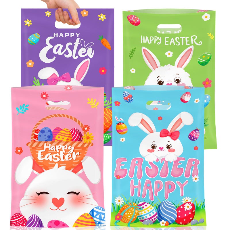 Litmitfu 50 Pcs Easter Gift Bags with Handles, Plastic Happy Bunny Goodie Bags Bulk, Cute Spring Treat Tote Goody Cookie Party Favor Bag for Easter Activity Party Favors Supplies Gifts, 4 Styles - Image 1