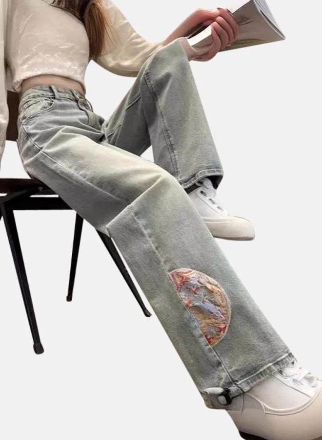 YUNIQEE Blue Wide Leg High-Rise Light Fade Embroidered Jeans
