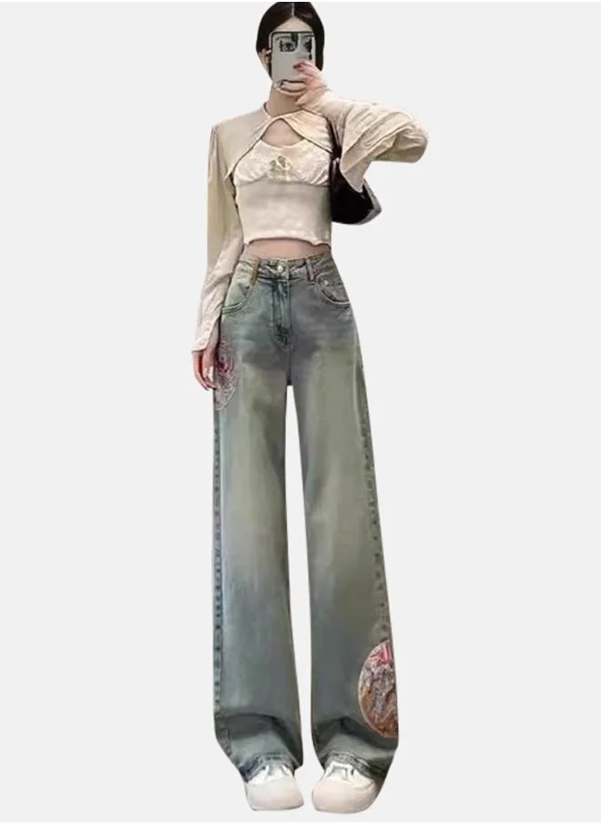 YUNIQEE Blue Wide Leg High-Rise Light Fade Embroidered Jeans