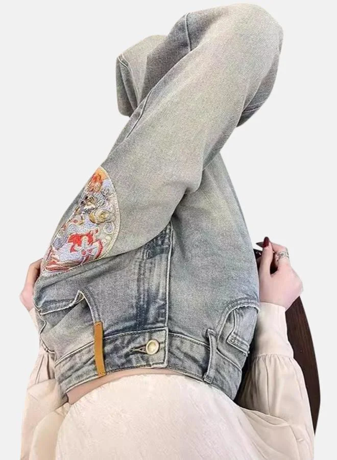 YUNIQEE Blue Wide Leg High-Rise Light Fade Embroidered Jeans