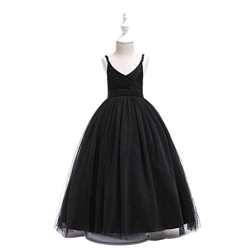 Glamulice Kids Funeral Flower Girls Black Dress Lace Bridesmaid Long A Line Wedding Pageant Dresses Tulle Spaghetti Strap Party Gown Photo Shoot Holiday Evening Prom Princess Birthday Gown 6 - Image 3