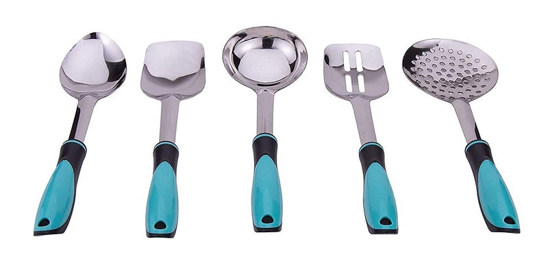 Denique Stainless Steel Cooking Utensil Set Serving Spoons with Plastics Handle Set of 5 Kitchen Tool Contains Slotted Turner Ladle Skimmer Serving Big Spoon Flex Turner ColorSky Blue - Image 4