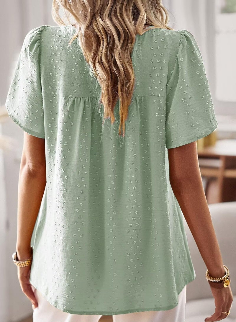 Falechay Womens Tops Dressy Casual Cute Summer Blouses for Women Flowy Bohemian Pullover Crewneck Short Sleeve Fall Green XL - Image 3