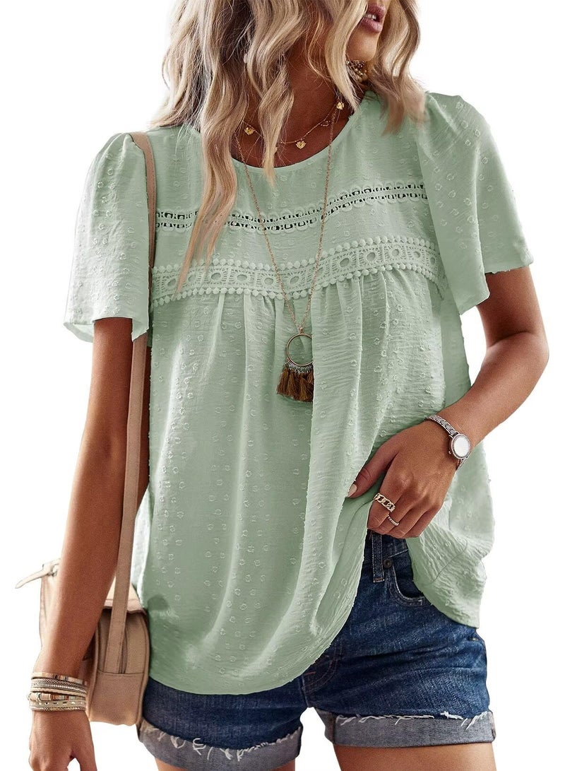 Falechay Womens Tops Dressy Casual Cute Summer Blouses for Women Flowy Bohemian Pullover Crewneck Short Sleeve Fall Green XL - Image 1