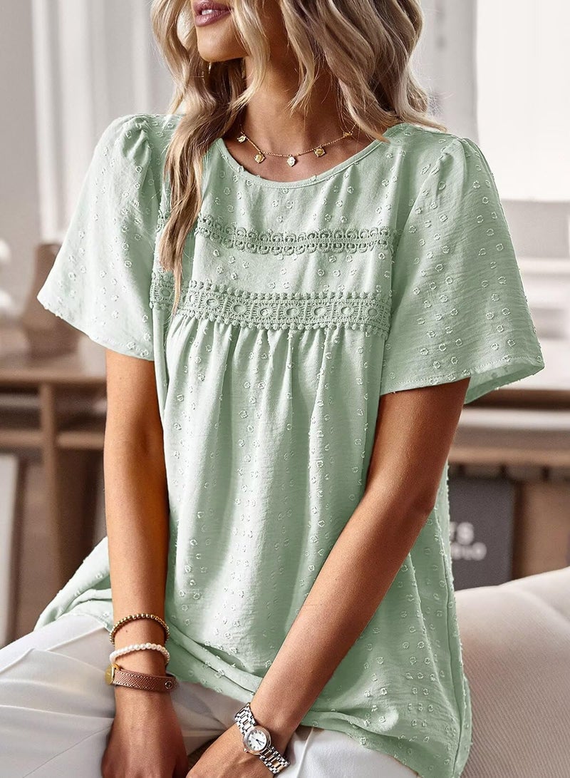 Falechay Womens Tops Dressy Casual Cute Summer Blouses for Women Flowy Bohemian Pullover Crewneck Short Sleeve Fall Green XL - Image 2