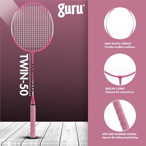 GURU Twin-50 Pink Heavy Duty Steel Badminton Rackets Set of 2 with Cover - Image 2