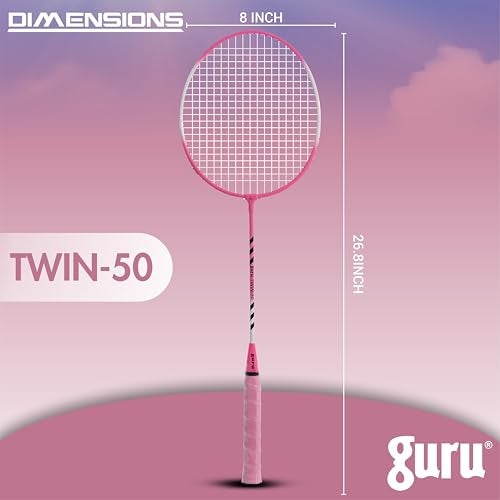 GURU Twin-50 Pink Heavy Duty Steel Badminton Rackets Set of 2 with Cover - Image 3