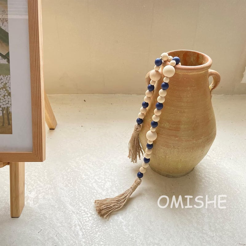 OMISHE Wood Bead Garland with Tassels 61 Inches, Decorative Beads Decor, Boho Farmhouse Wooden Beads Garland for Home Tiered Tray Decor, Navy Blue - Image 3