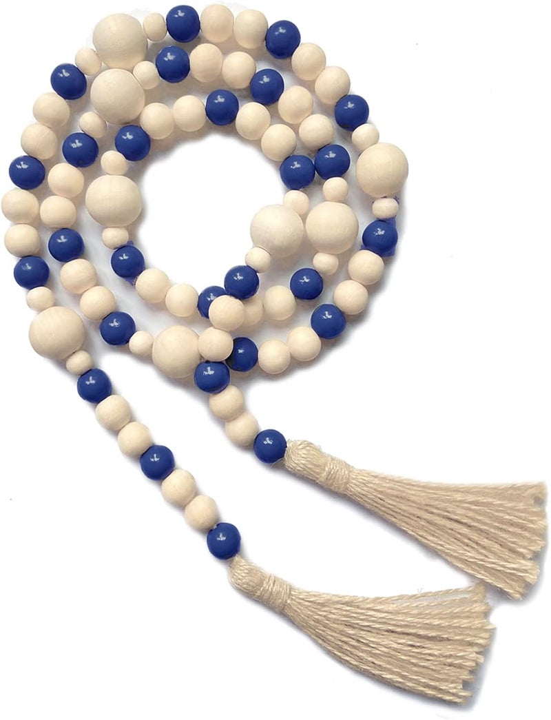OMISHE Wood Bead Garland with Tassels 61 Inches, Decorative Beads Decor, Boho Farmhouse Wooden Beads Garland for Home Tiered Tray Decor, Navy Blue - Image 1