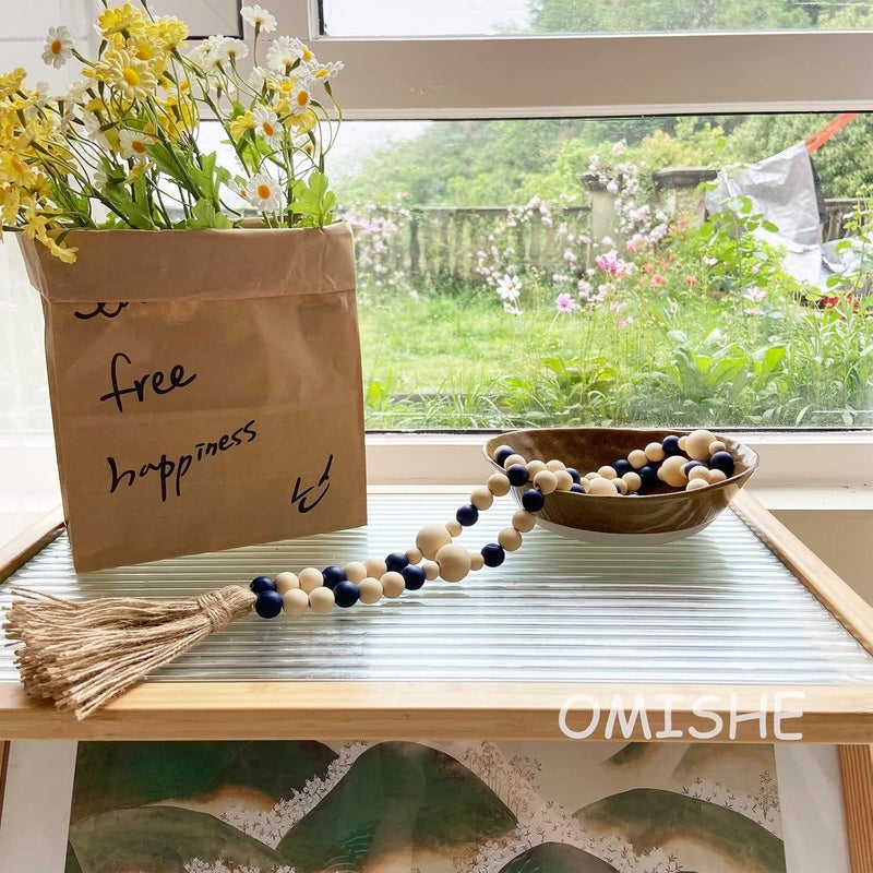 OMISHE Wood Bead Garland with Tassels 61 Inches, Decorative Beads Decor, Boho Farmhouse Wooden Beads Garland for Home Tiered Tray Decor, Navy Blue - Image 2