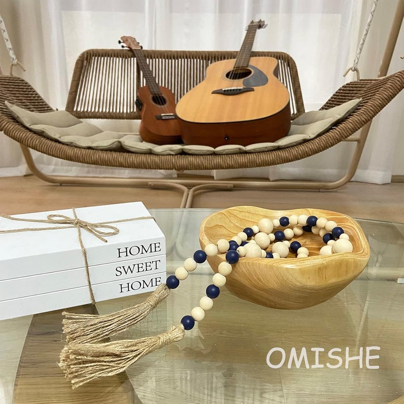 OMISHE Wood Bead Garland with Tassels 61 Inches, Decorative Beads Decor, Boho Farmhouse Wooden Beads Garland for Home Tiered Tray Decor, Navy Blue - Image 4
