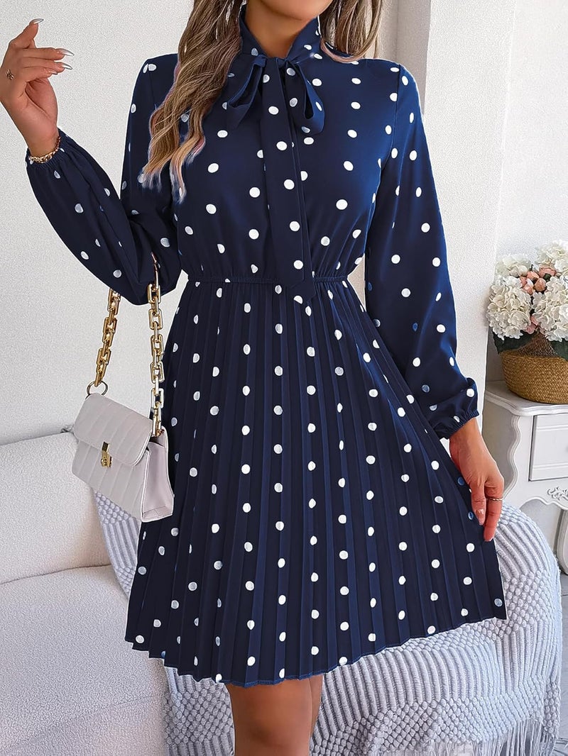 Women's Casual Polka Dot Tie Neck Dress - High Waist Long Sleeve A-Line Pleated Dress in Navy Blue - Image 2