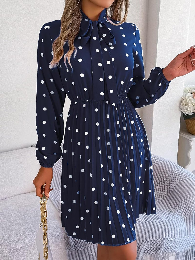 Women's Casual Polka Dot Tie Neck Dress - High Waist Long Sleeve A-Line Pleated Dress in Navy Blue - Image 4