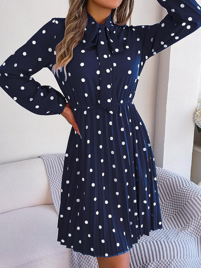Women's Casual Polka Dot Tie Neck Dress - High Waist Long Sleeve A-Line Pleated Dress in Navy Blue - Image 5