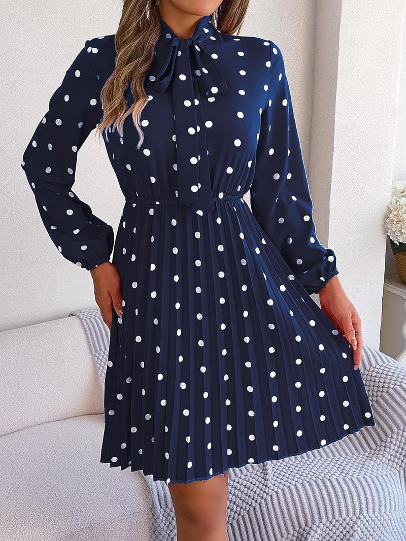 Women's Casual Polka Dot Tie Neck Dress - High Waist Long Sleeve A-Line Pleated Dress in Navy Blue - Image 3