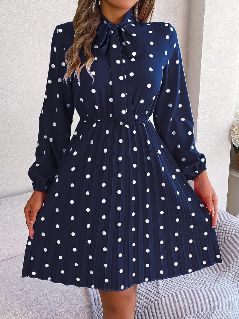 Women's Casual Polka Dot Tie Neck Dress - High Waist Long Sleeve A-Line Pleated Dress in Navy Blue - Image 1