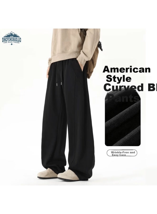 Dingfengbaoluo American Style Simple Curved Blade Pants Men Spring Loose Patchwork Solid Color Straight Casual Trousers Wxc96 Black M - Image 1